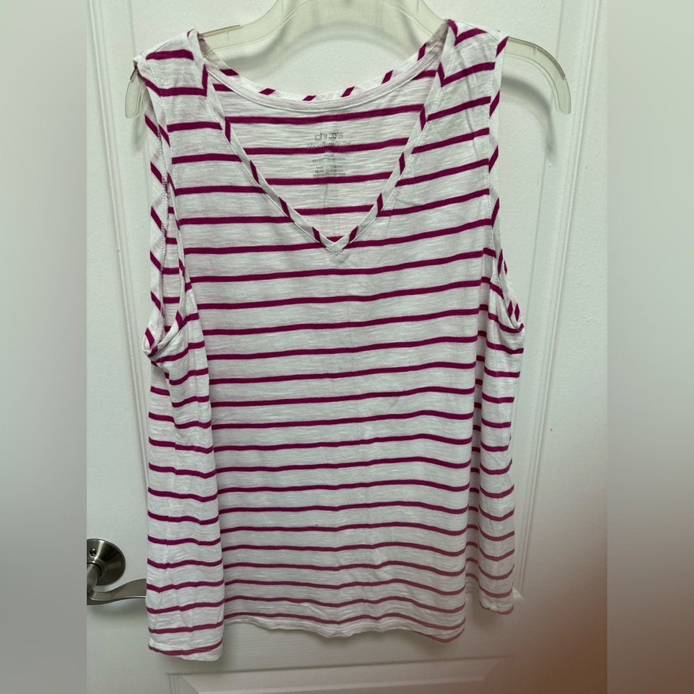 Chico's White and Pink Striped Sleeveless Tank Top, Size XL, V-Neck